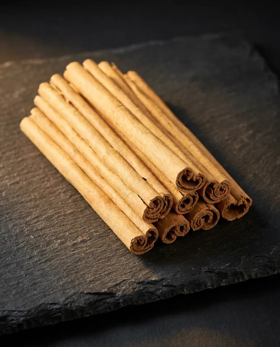 Thin golden Alba grade Ceylon cinnamon quills on dark slate