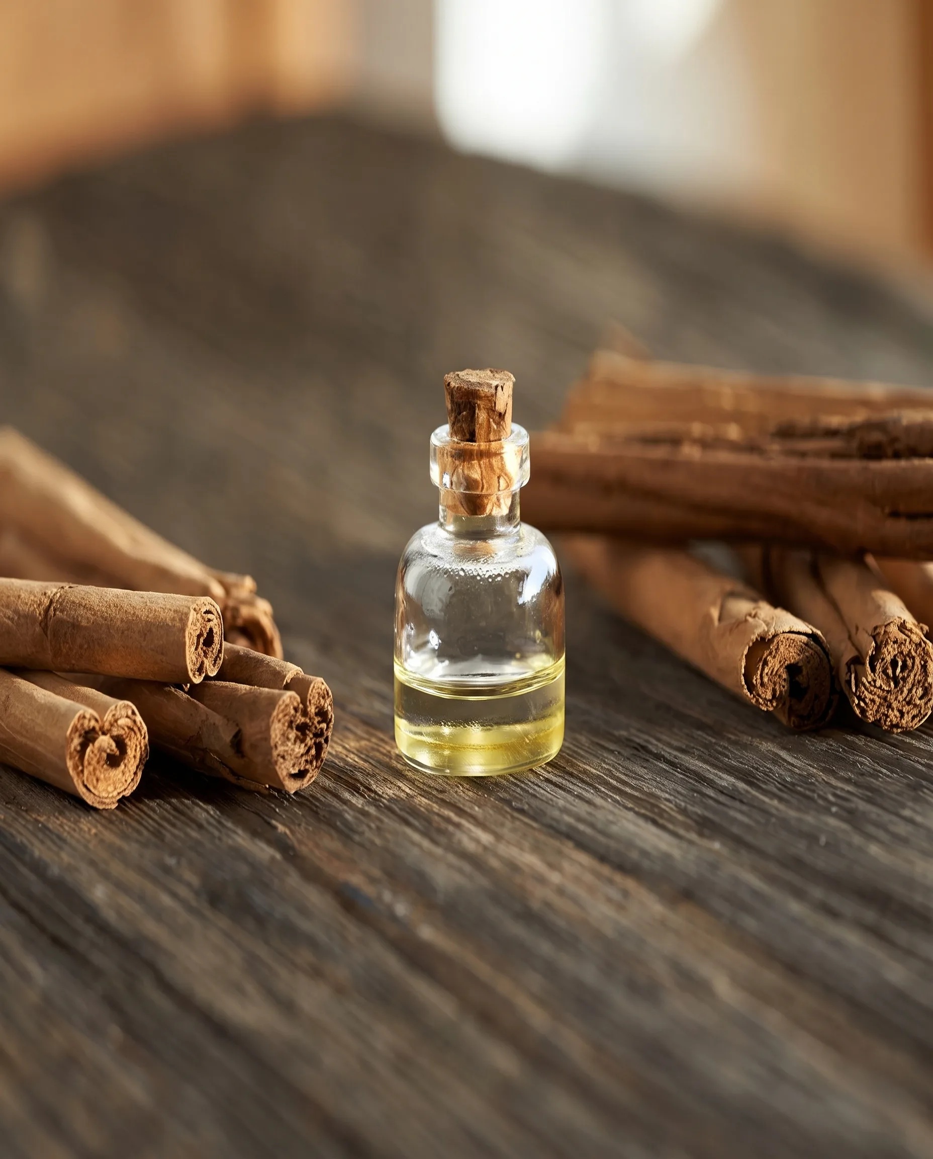 Small bottle of Ceylon cinnamon bark oil surrounded by cinnamon quills on a wooden table