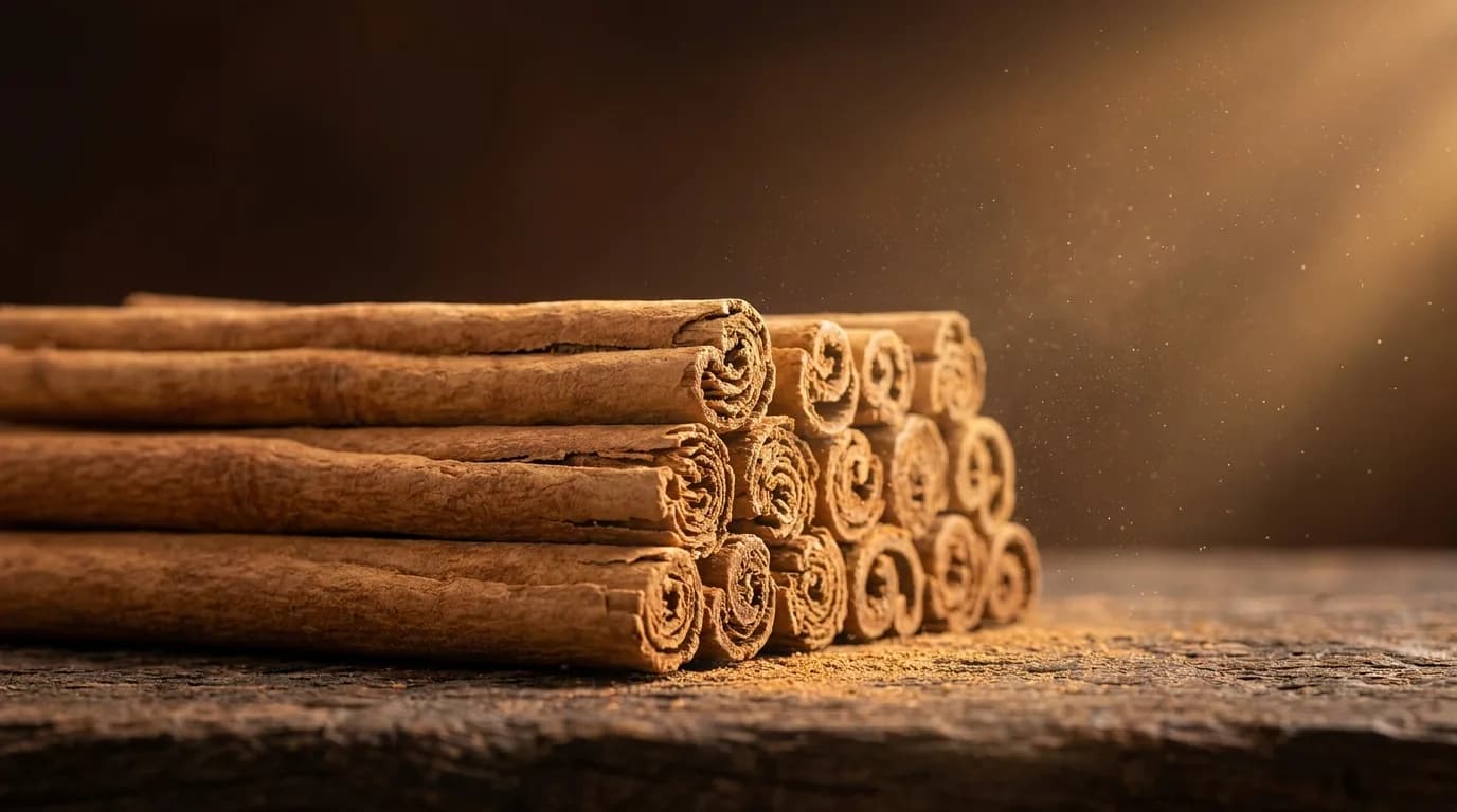 Premium Ceylon cinnamon quills in warm golden light
