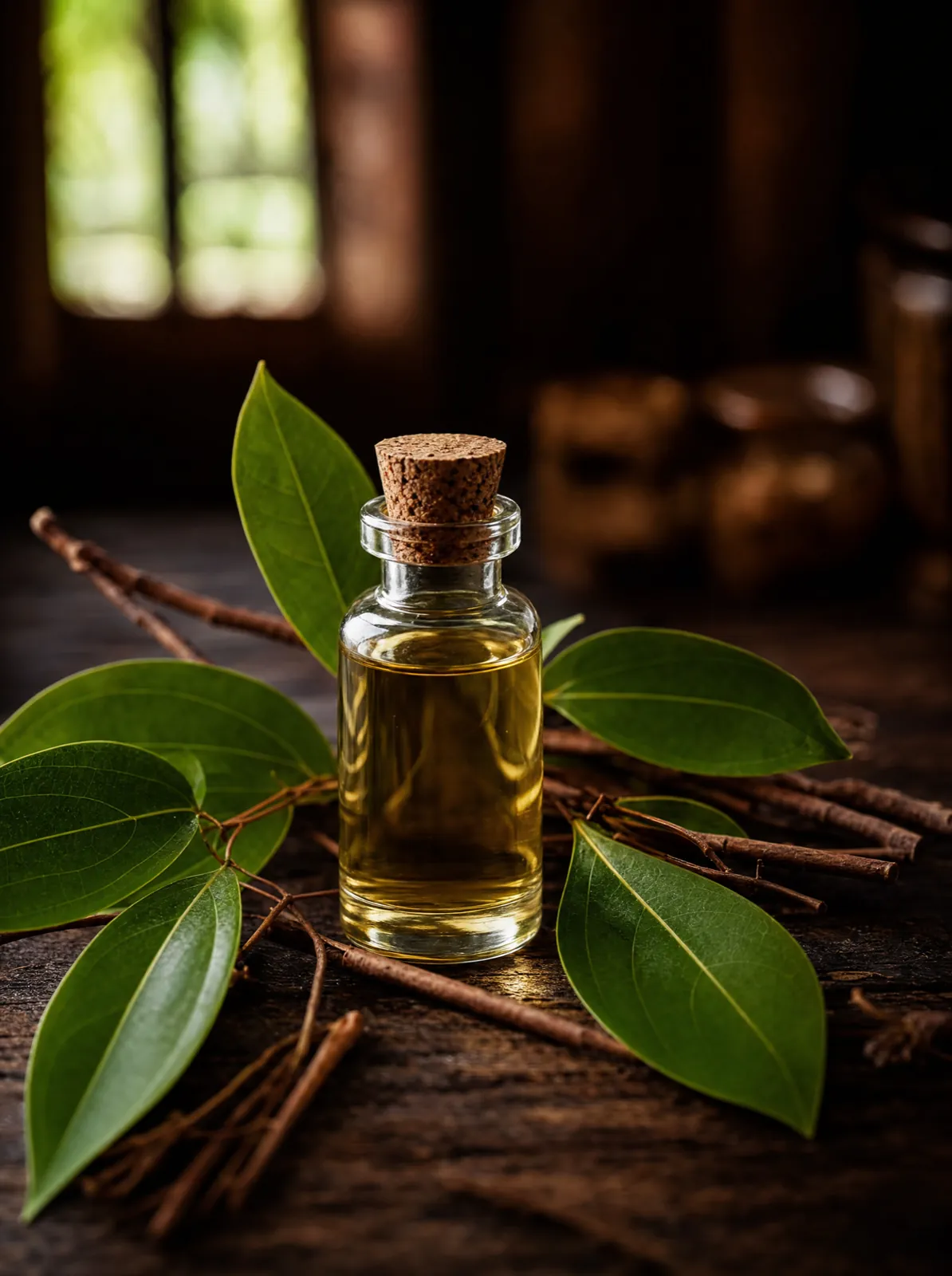 Glass bottle of Ceylon cinnamon leaf oil surrounded by fresh green cinnamon leaves