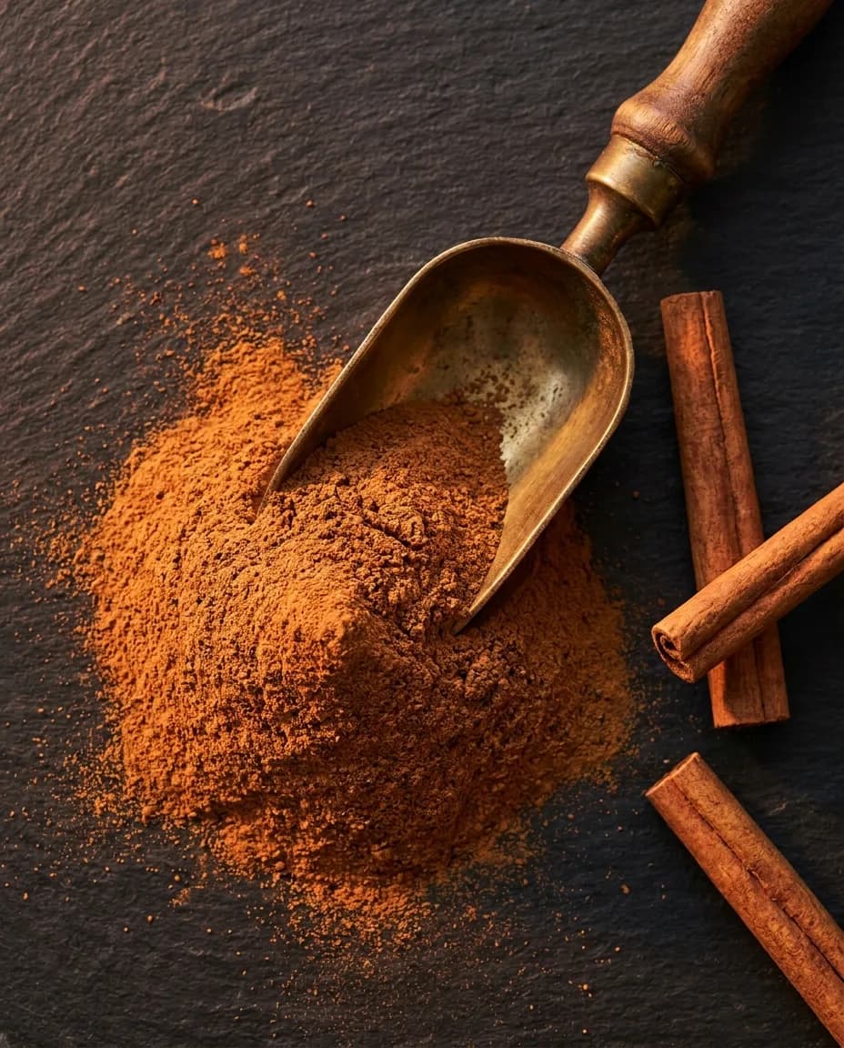Mound of finely ground Ceylon cinnamon powder with a brass scoop