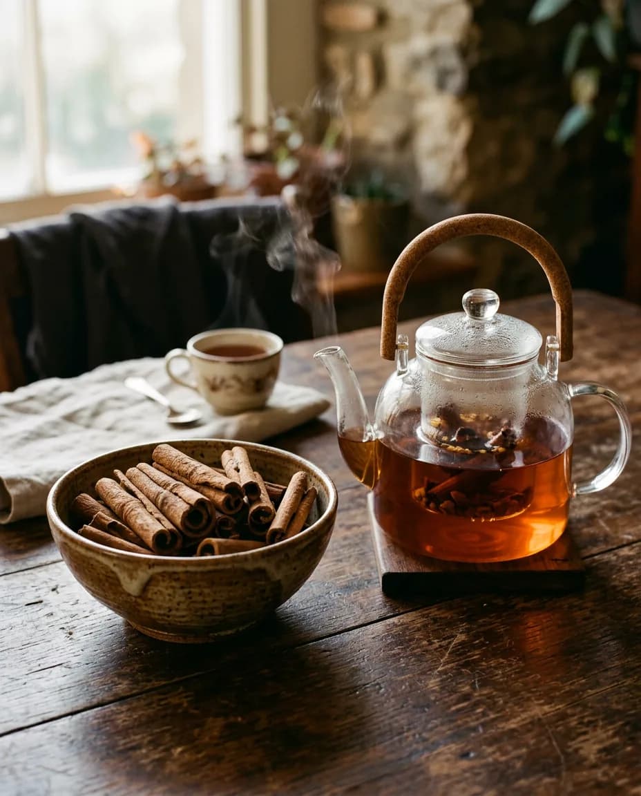 Rustic bowl of rough-cut Ceylon cinnamon bark beside steaming tea